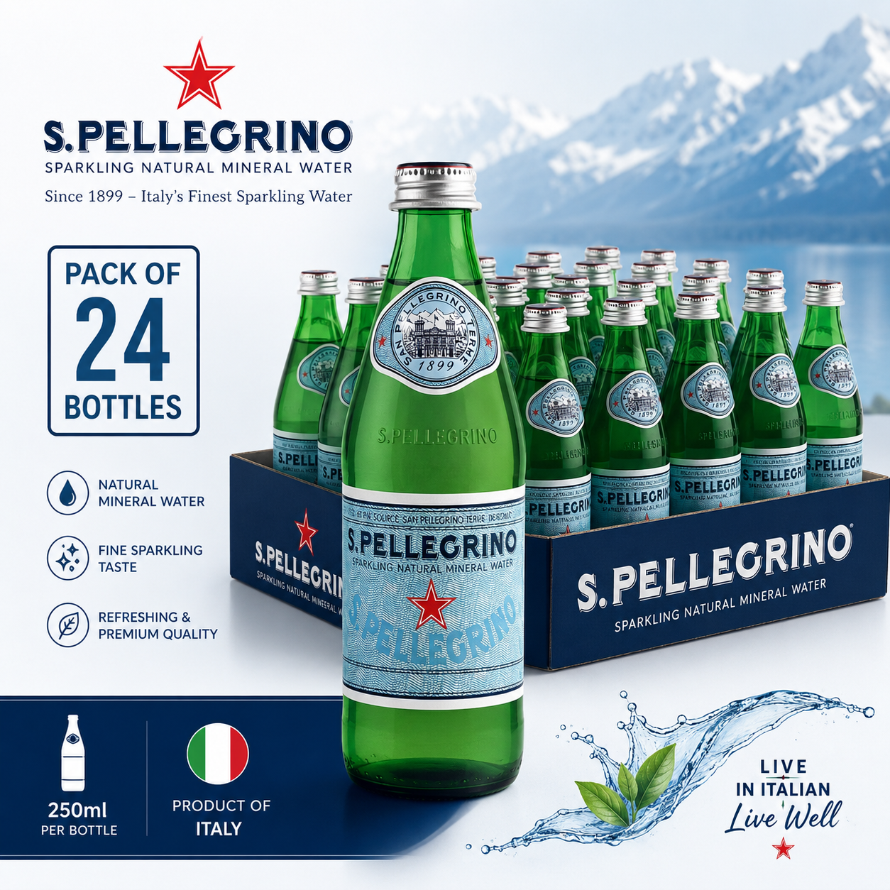 San Pellegrino Sparkling Natural Mineral Water Glass Bottle 250ml - (Pack of 24)(Italy)