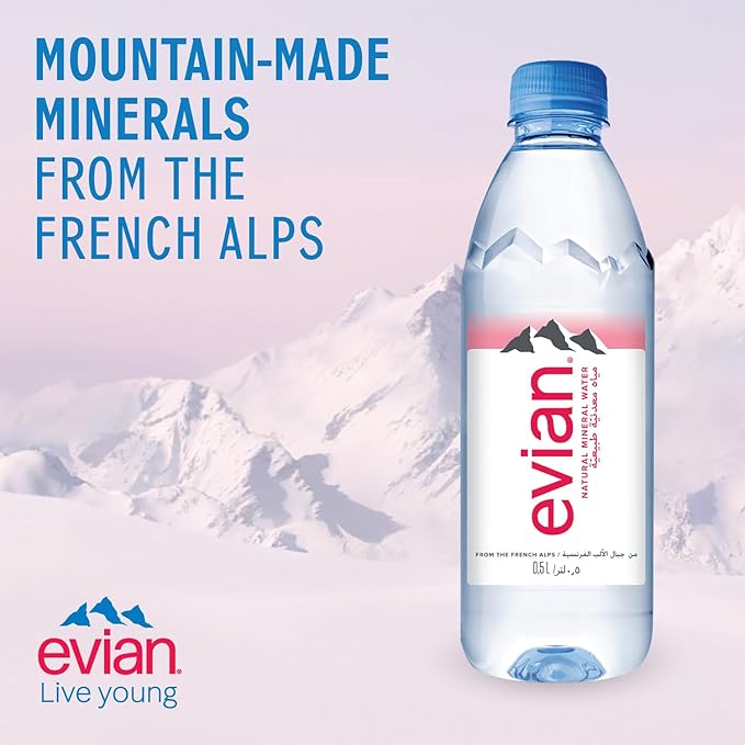 Evian Mineral Water, Naturally Filtered Drinking Water, 500ml Bottled Water Crafted by Nature, Case of 24 x 500ml Water Bottles