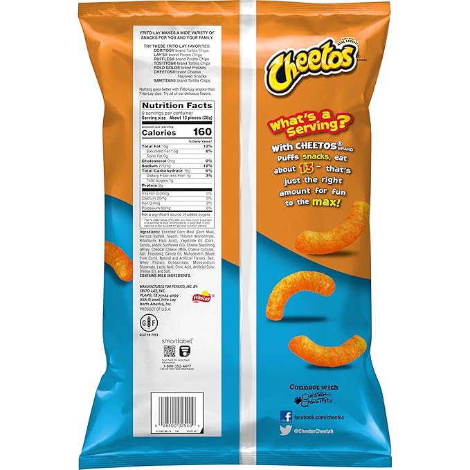 Frito-Lay Cheetos Puffs Cheese Flavored Snack, 9 Oz 255.1 G