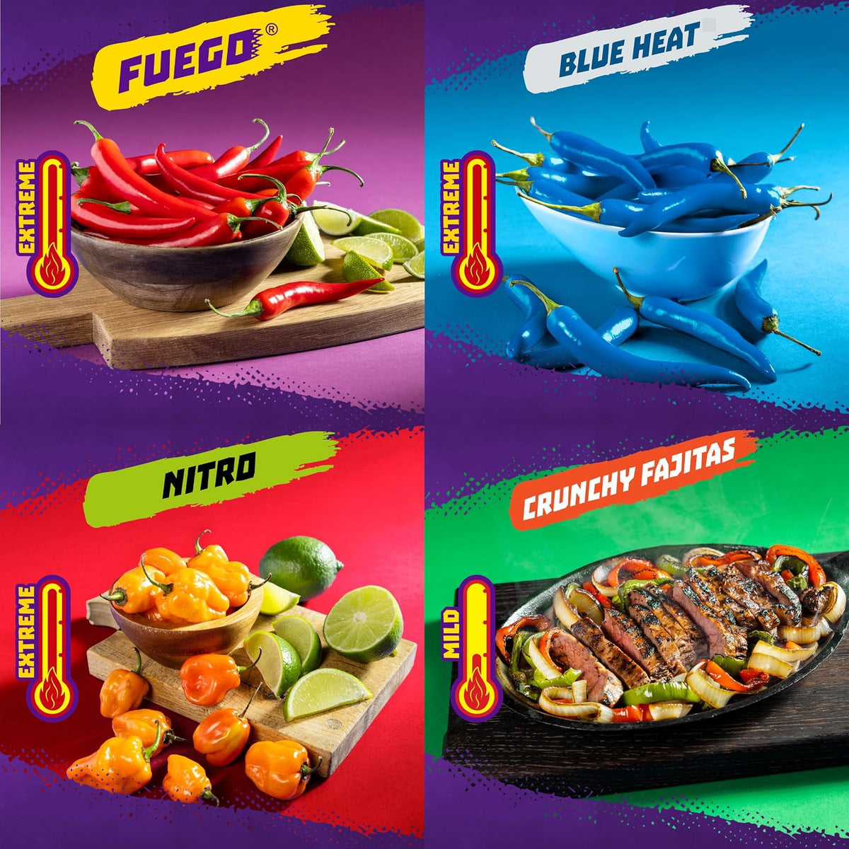 Takis Assorted Tortilla Chips Variety Pack – Blue Heat, Fuego, Crunchy Fajitas & Nitro – 4 × 28.4 g (USA)