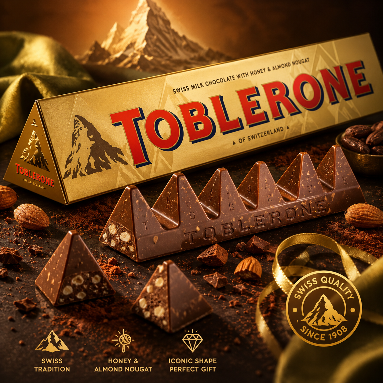 Toblerones Milk Chocolate with Honey & Almond Nougat, 20 x 100g, ( Pack Of 2 ) ( Switzerland )