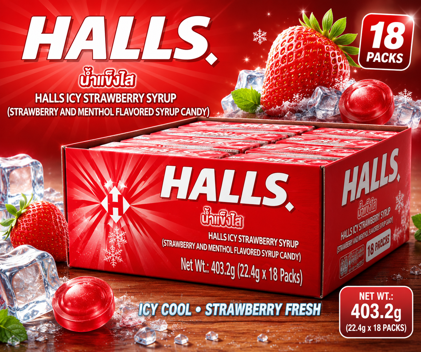 HALLS Strawberry Flavoured Center, Filled Candy (pack of 18)