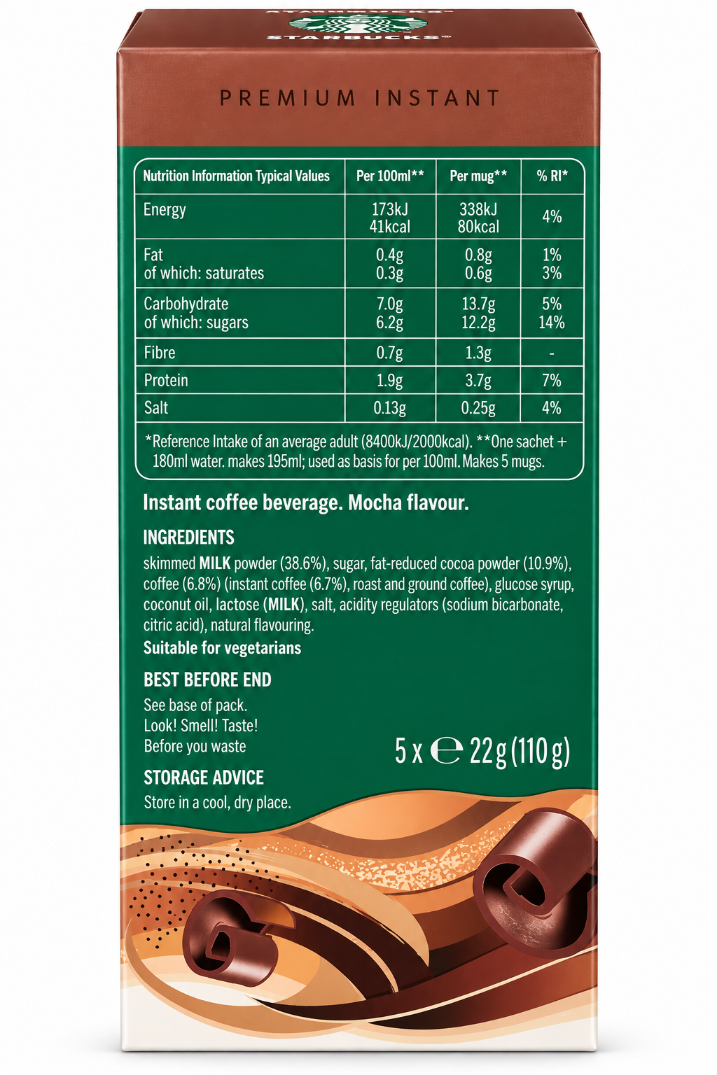 Starbucks Chocolate Mocha Premium Instant Coffee – Rich & Chocolatey – 5 × 22g (110g) (UK)