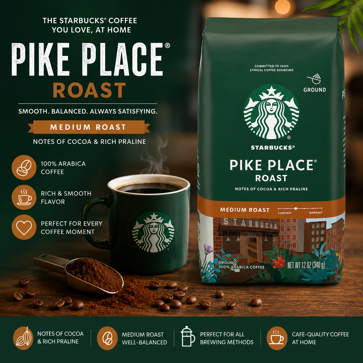 Starbucks Torrefaction Pike Place Medium Roast Ground Coffee, 100% Arabica, 340g
