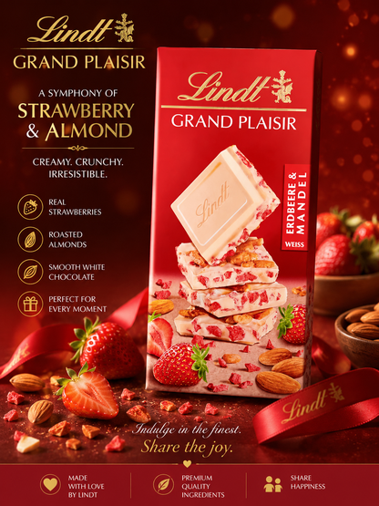 Lindt Grand Plaisir White Chocolate Bar with Strawberries and Almonds, Premium Swiss Chocolate, Weiss 150g (Product Of Austria) (Pack of 02)
