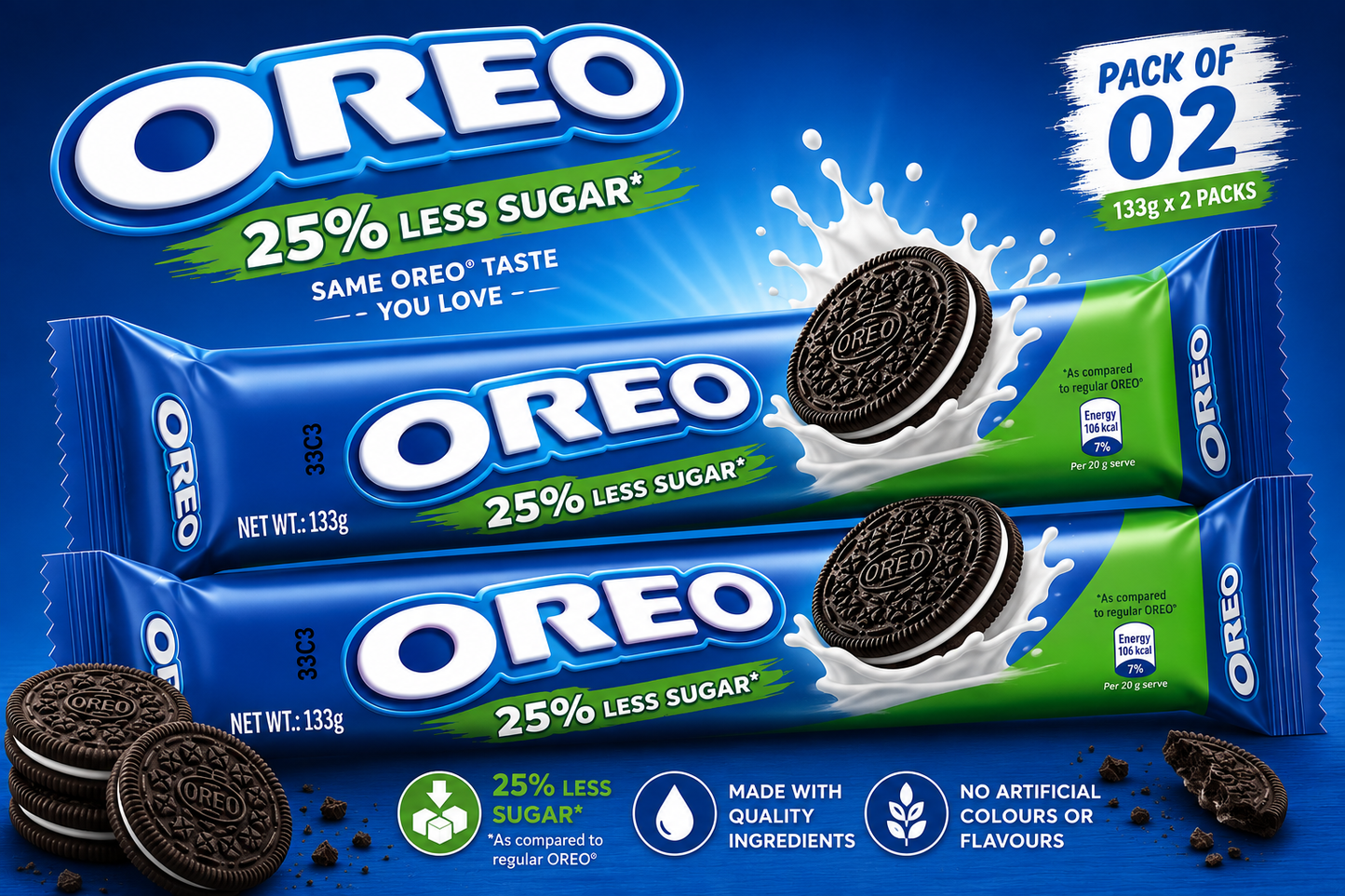 OREO Chocolate Sandwich Cookies With Vanilla Flavored Cream Biscuits, 25% Less Sugar, Each 105g  (Pack of 02)