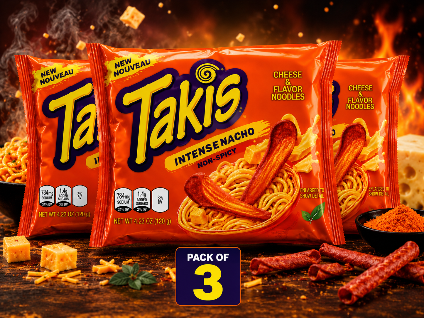 Takis's Intense Nacho Cheddar & Cheese Flavored Noodles, Non-Spicy, 140g(Pack of 03)