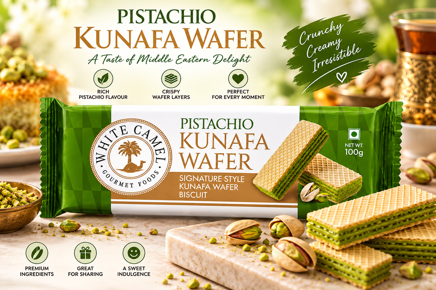 White Camel Dubai Pistachio Kunafa Crunch Wafer Biscuit, 100g (Pack of 03) (India)