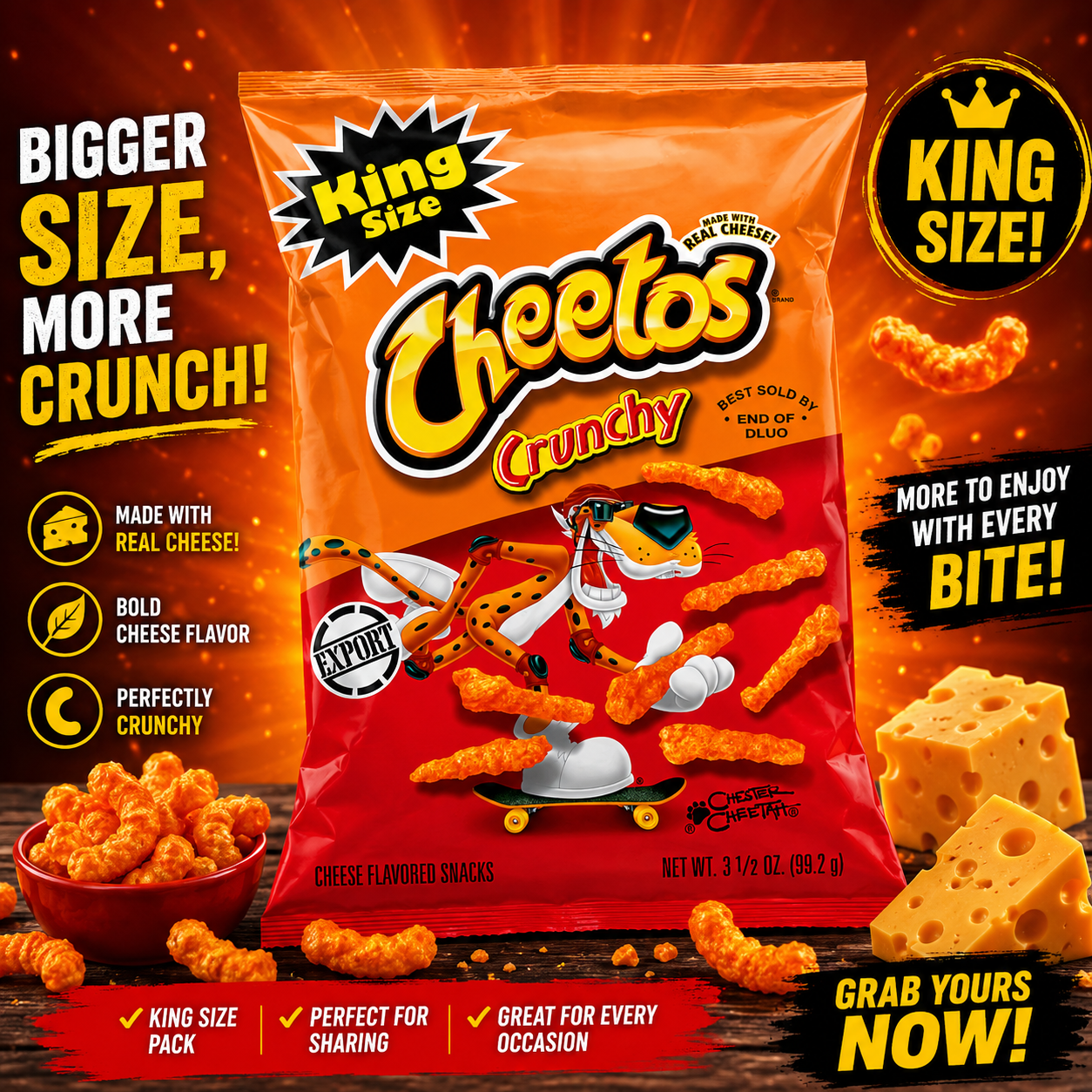 Frito Lay Cheetos Crunchy Cheese Flavored Snack King Size, 3.49 oz ℮ 99 g