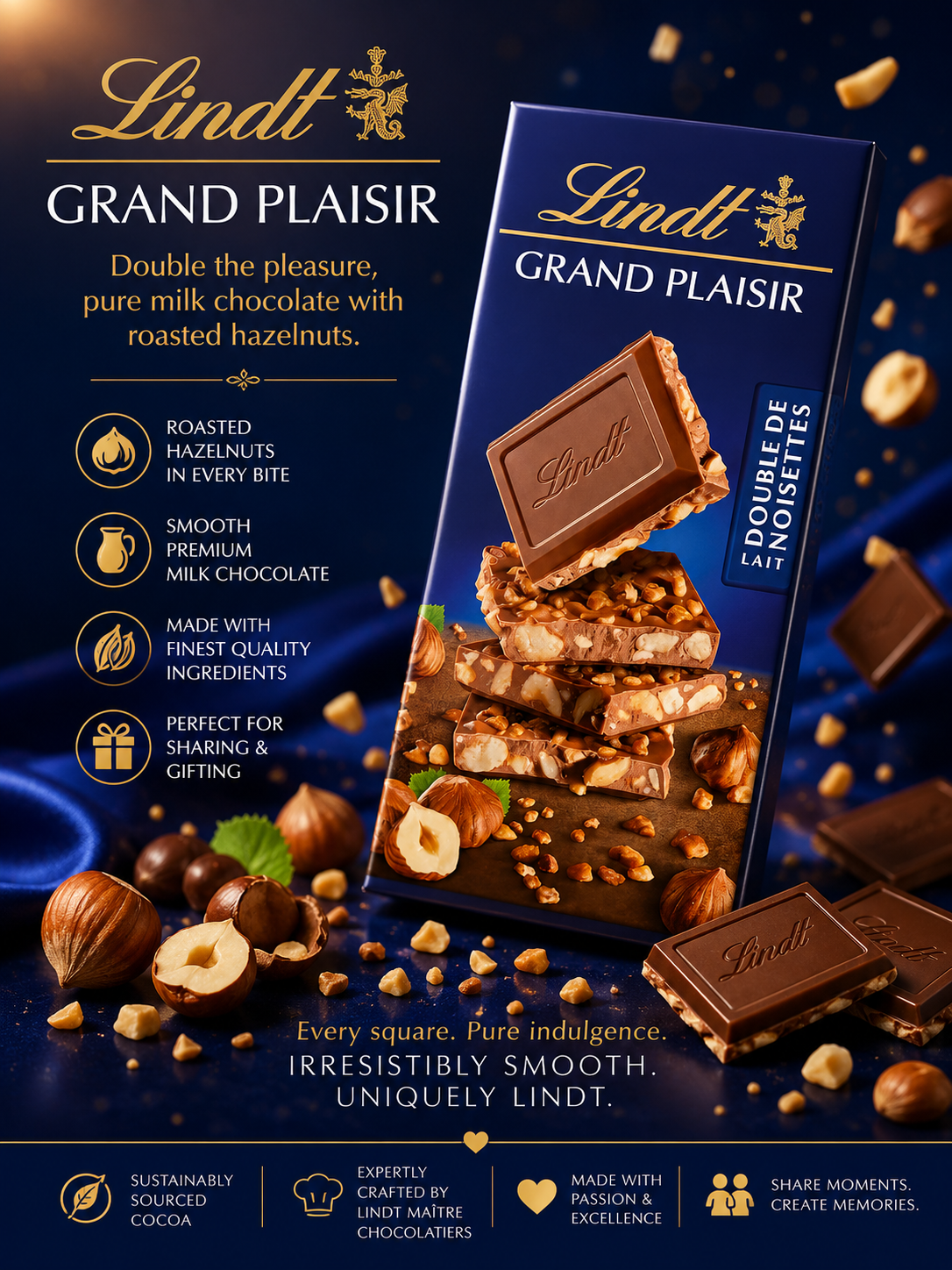 Lindt Grand Plaisir Lait Double De Noisettes ( Milk Hazelnut ) Milk Chocolate Bar 150g ((Pack of 02)
