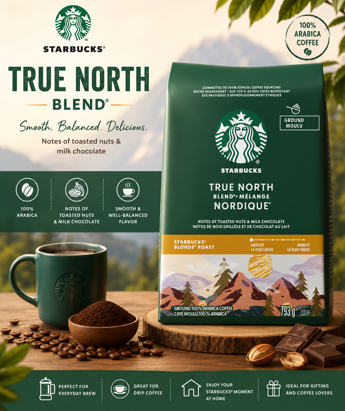 Starbucks True North Blend Ground Coffee, Blonde Roast, 340g