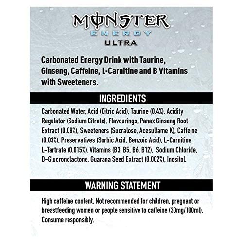 Monster Energy Chefsneed Ultra Zero Drink, (Pack Of 12 Cans X 500Ml Each), Vegetarian - Ultra Zero