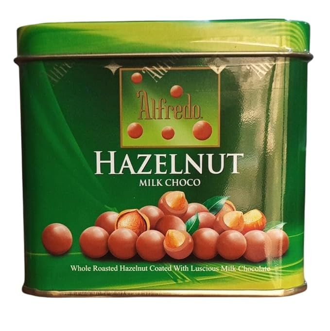 Alfredo Milk Chocolate Coated Whole Roasted Hazelnuts in Decorative Green Tin Container Gift Box 105g (From Malaysia)