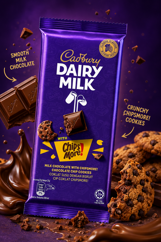 Cadbury Dairy Milk Chocolate Bar with ChipsMore! Chocolate Chip Cookies, Classic Flavour, 130g (Pack of 02) (Malaysia)