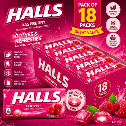 HALLS Raspberry Flavoured Center, Filled Candy (pack of 18) (Thailand)