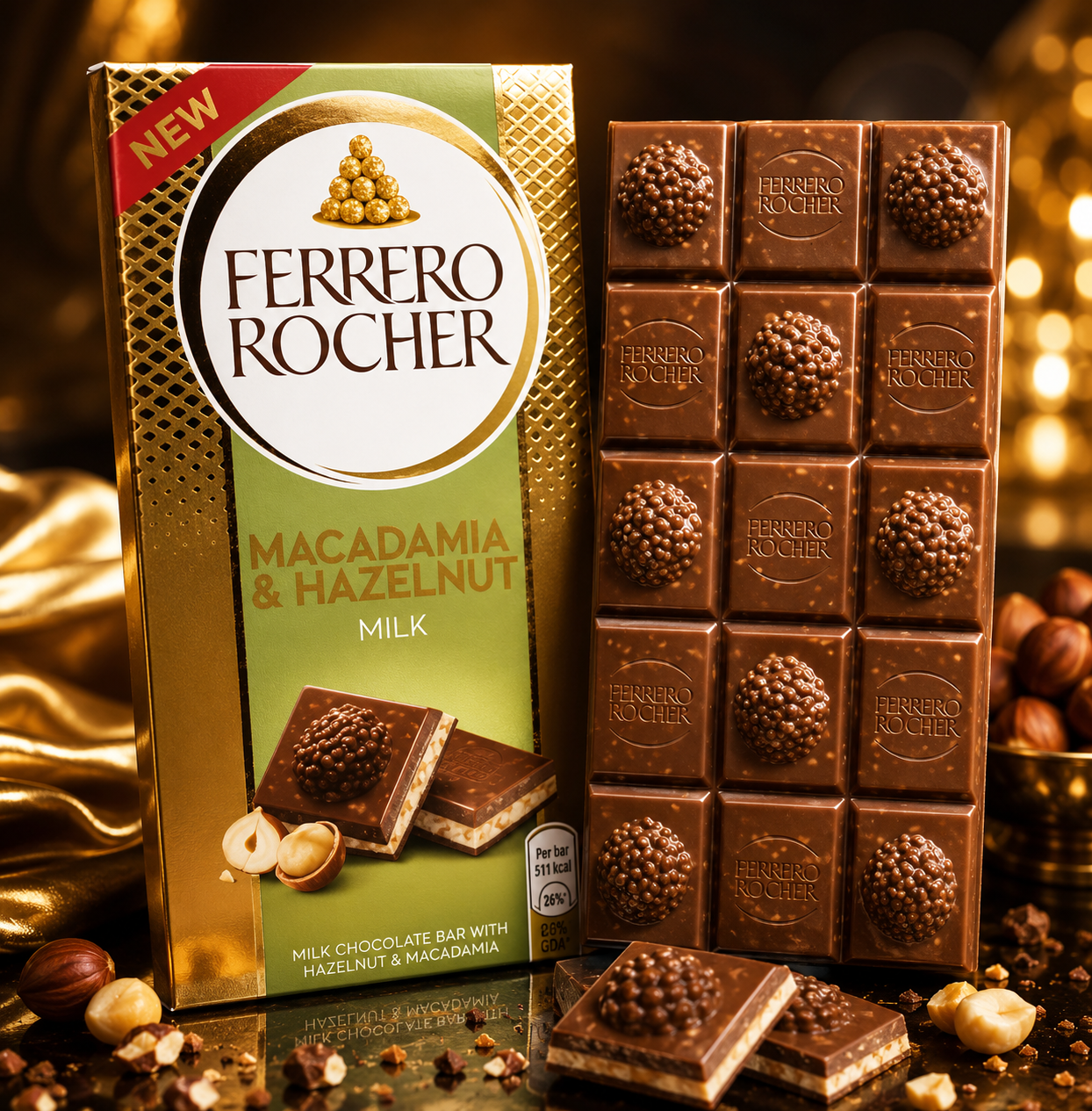 FERRERO ROCHER MACADAMIA & HAZELNUT MILK CHOCOLATE BAR 90G (Pack of 02) (Italy)