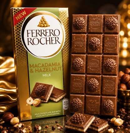 FERRERO ROCHER MACADAMIA & HAZELNUT MILK CHOCOLATE BAR 90G (Pack of 02) (Italy)