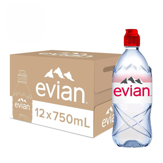 Evian Mineral water, Naturally Filtered Drinking water, 750ml Bottled Water Crafted by Nature, Case of 12 x 750ml Sports Cap Water Bottles