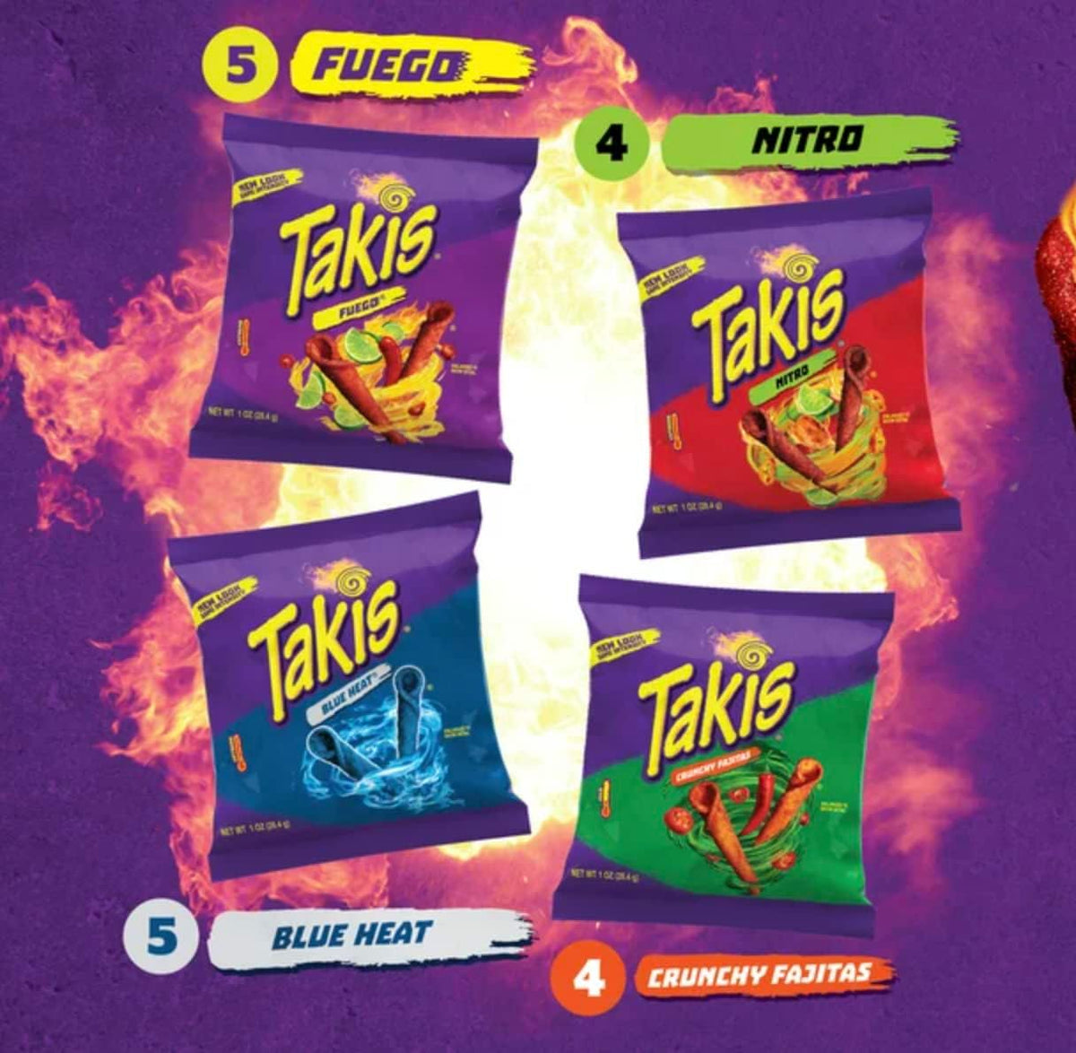 Takis Assorted Tortilla Chips Variety Pack – Blue Heat, Fuego, Crunchy Fajitas & Nitro – 4 × 28.4 g (USA)
