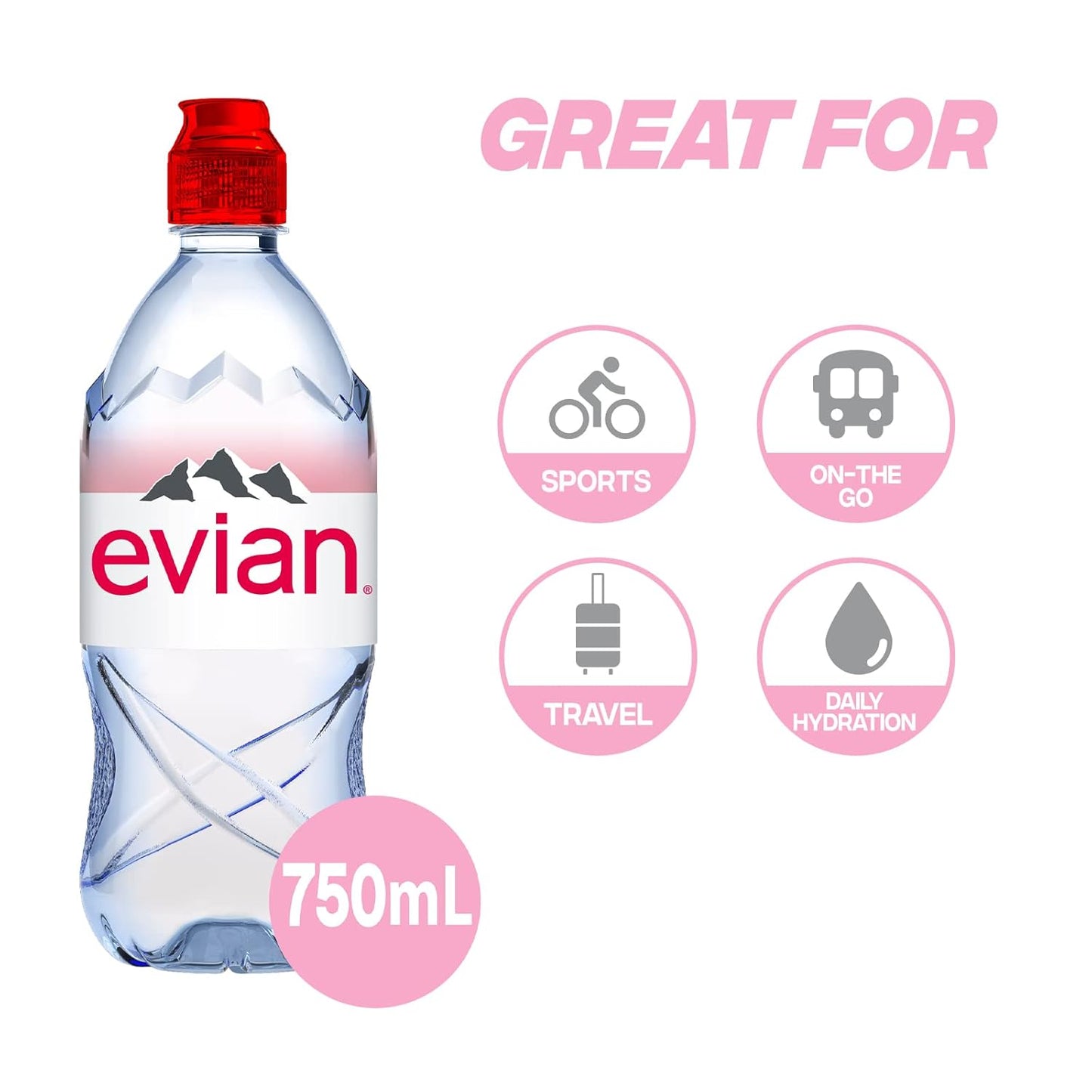 Evian Mineral water, Naturally Filtered Drinking water, 750ml Bottled Water Crafted by Nature, Case of 12 x 750ml Sports Cap Water Bottles