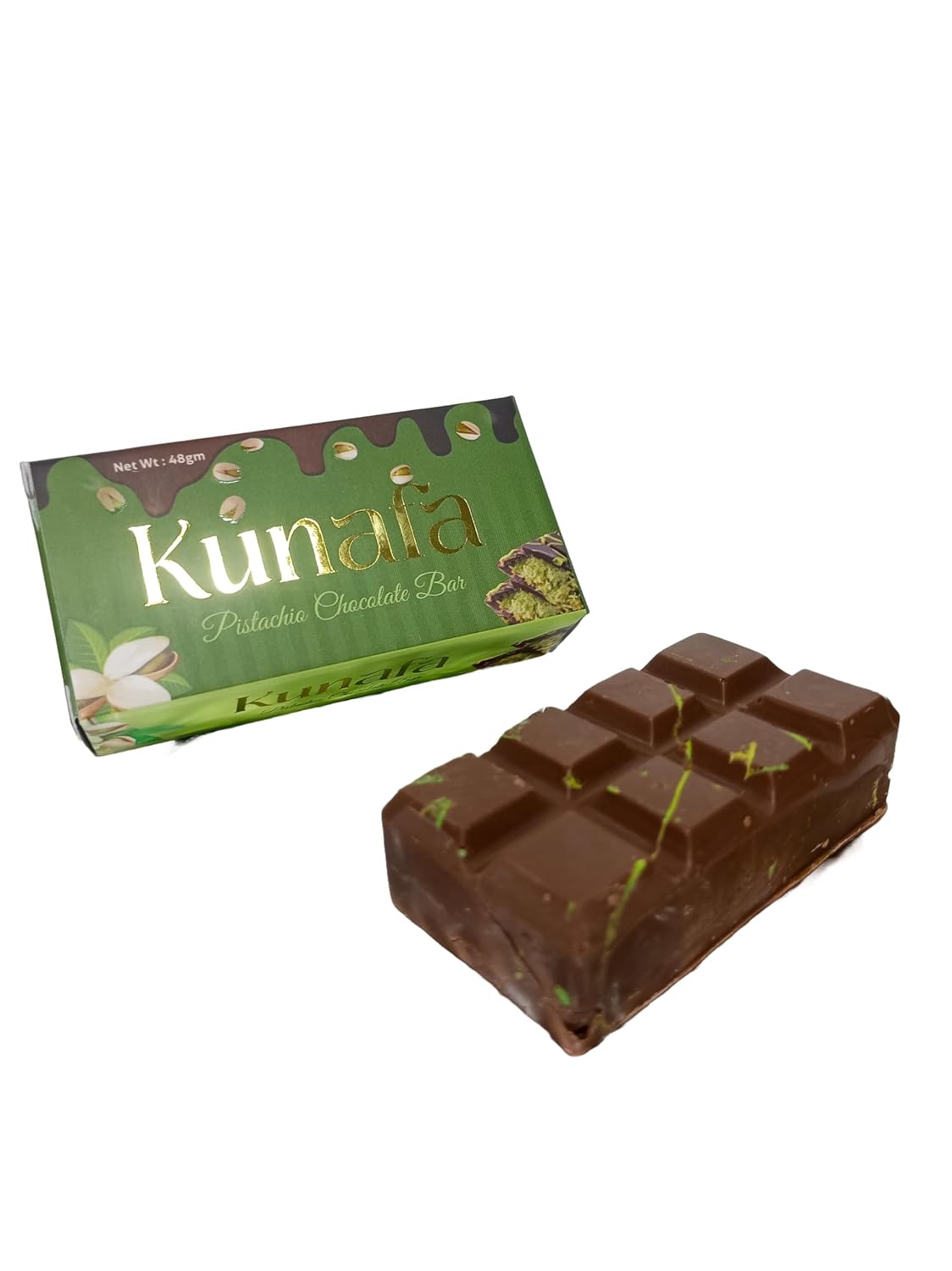 Kunafa Pistachios Chocolate Bar a Popular Middle-Eastern Dessert Each 48g (Pack of 02)