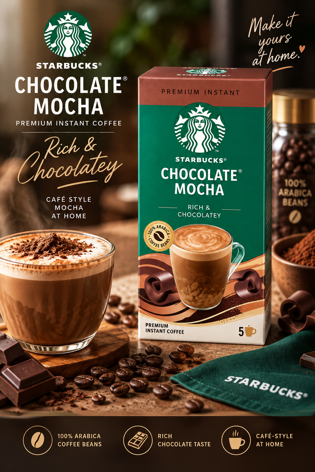 Starbucks Chocolate Mocha Premium Instant Coffee – Rich & Chocolatey – 5 × 22g (110g) (UK)