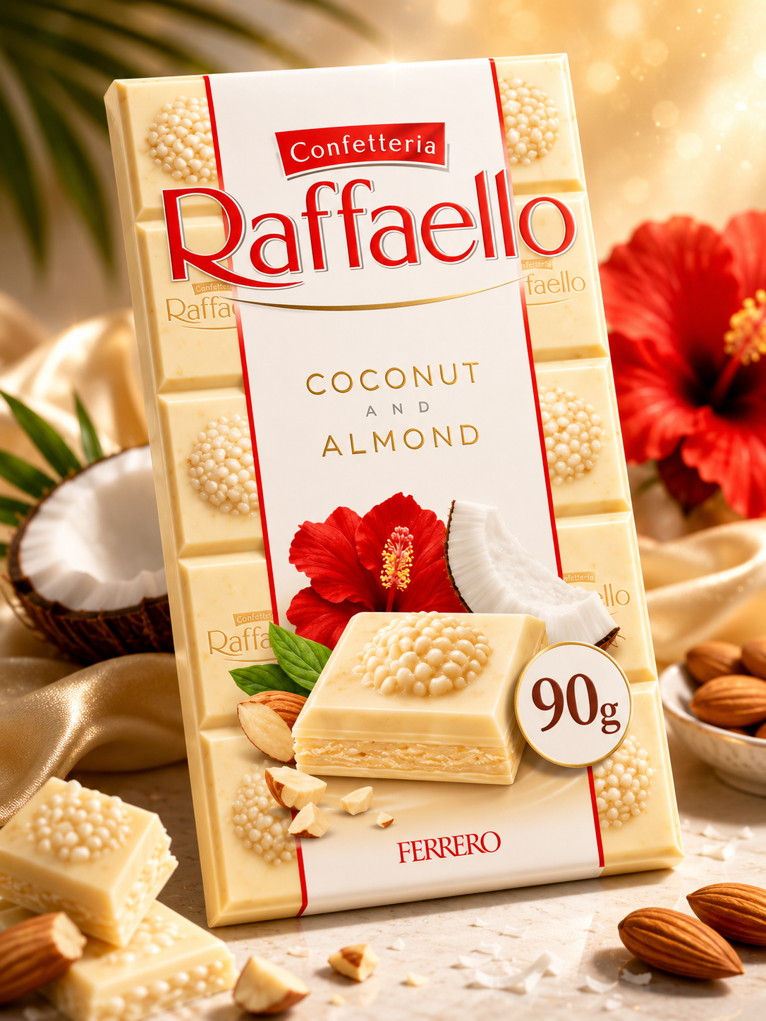 Ferrero Raffaello White Chocolate Bar with Coconut & Almond, Creamy Filling with Crunchy Almond Pieces (90g) By COUGAR - (Pack of 02) (UK)