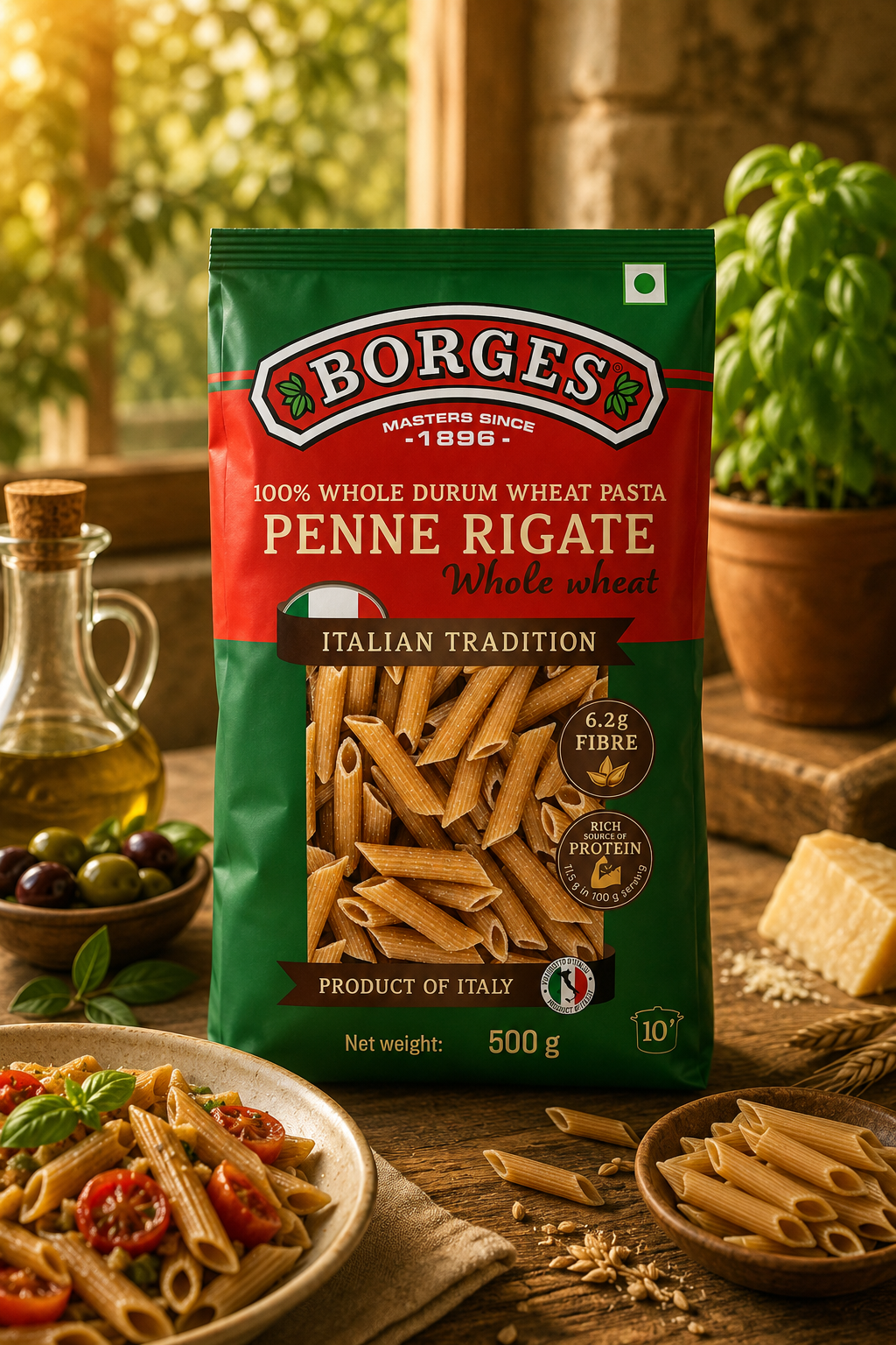 Borges Cholesterol Free Whole Wheat Penne Pasta (500g) (Pack of 03) (Italy)