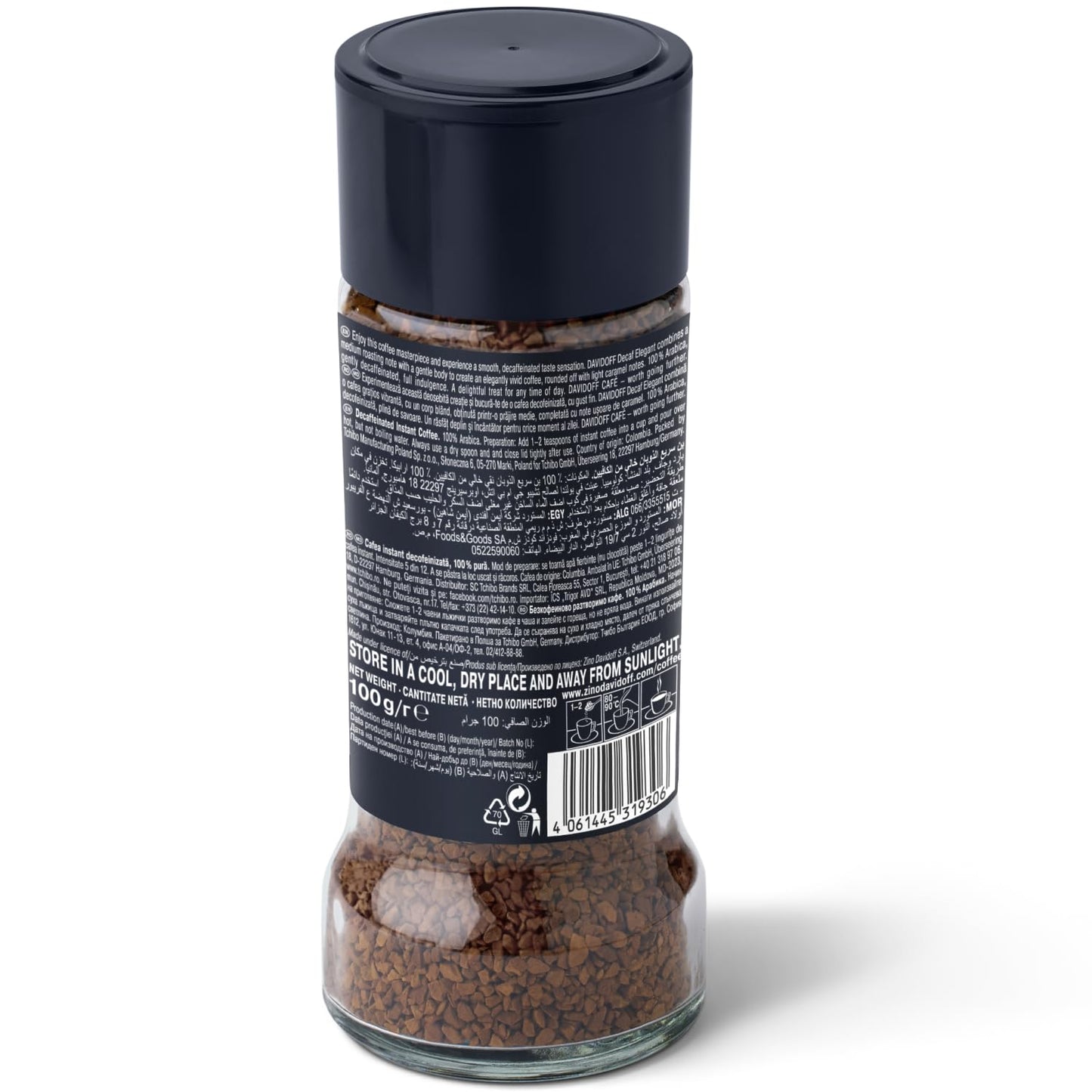 Davidoff Decaf Elegant Instant Coffee - 6/12 Intensity - 100% Arabica - 100G (Colombia)