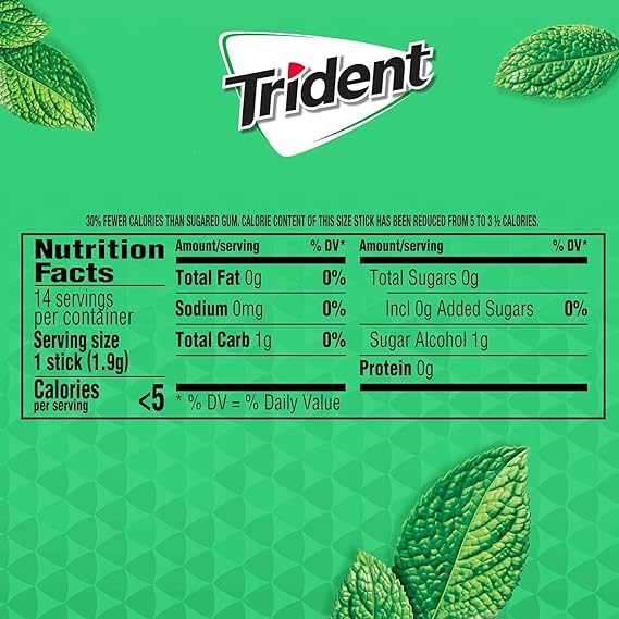 Trident Sugar Free Chewing Gum The Delicious Spearmint Flavoured 14 Sticks - 12 Pack (Imported)