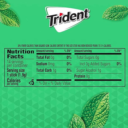 Trident Sugar Free Chewing Gum The Delicious Spearmint Flavoured 14 Sticks - 12 Pack (Imported)