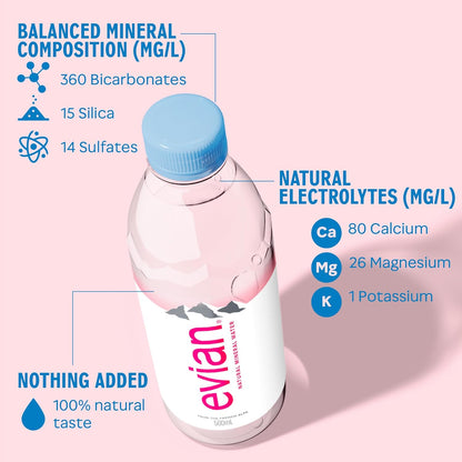 Evian Mineral Water, Naturally Filtered Drinking Water, 500ml Bottled Water Crafted by Nature, Case of 24 x 500ml Water Bottles