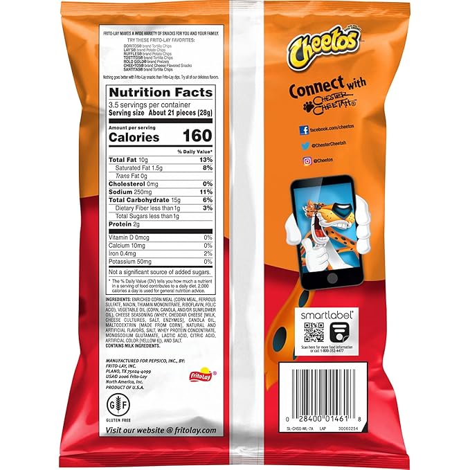 Frito Lay Cheetos Crunchy Cheese Flavored Snack King Size, 3.49 oz ℮ 99 g