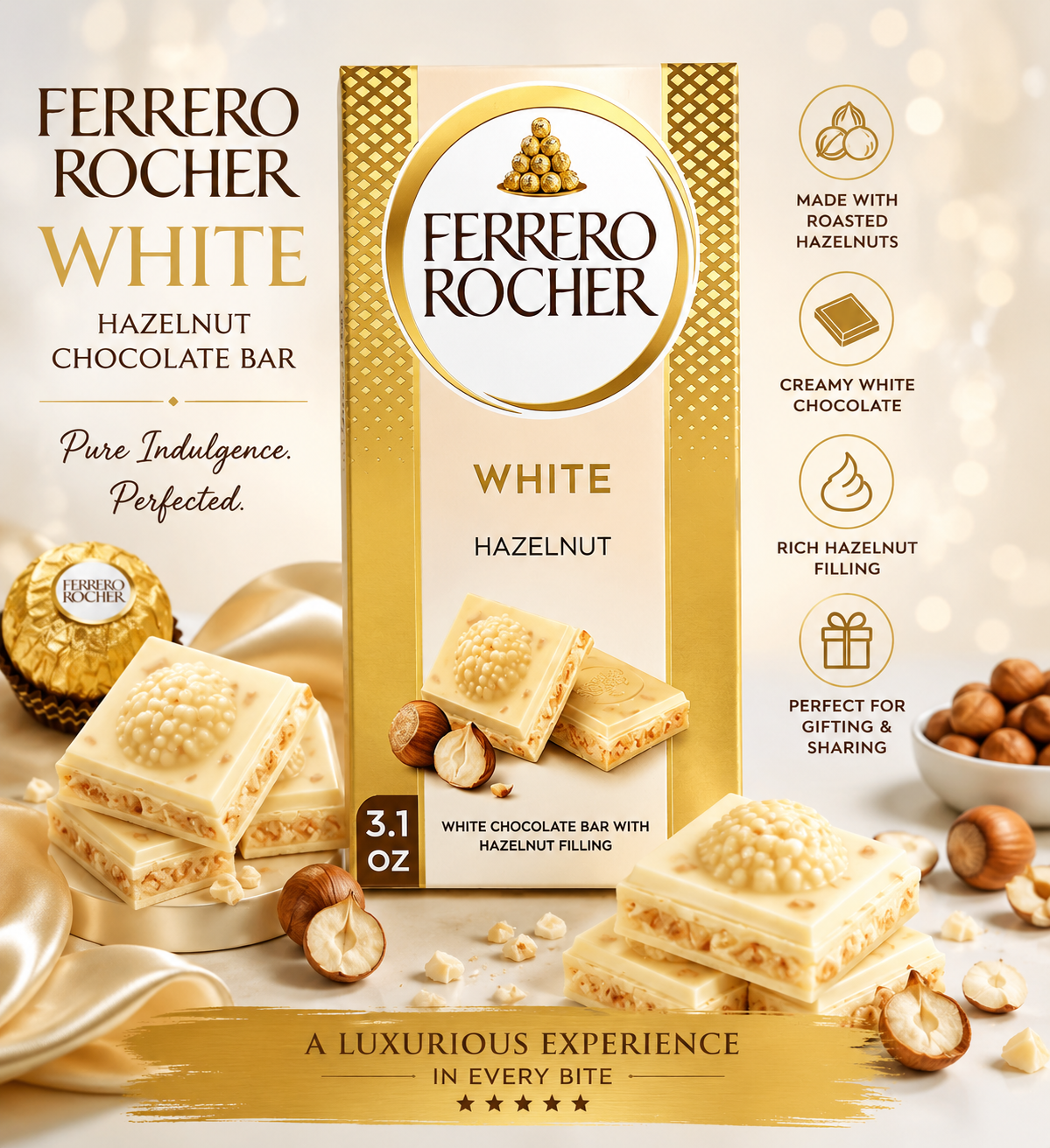 Ferrero Rocher White Hazelnut Chocolate Bar 90Gm (Pack of 02) (Italy)