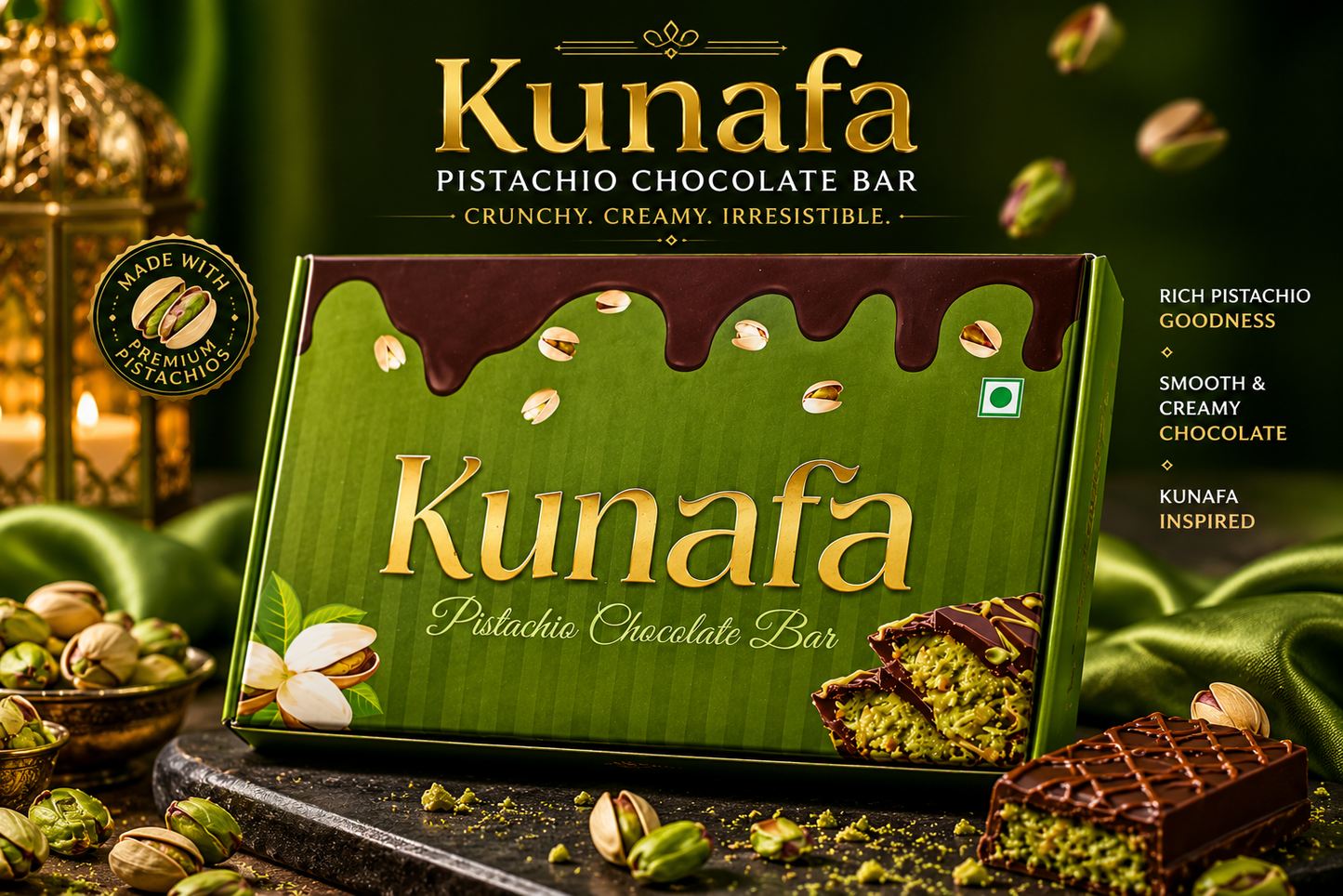 Kunafa Pistachios Chocolate Bar a Popular Middle-Eastern Dessert Each 48g (Pack of 02)