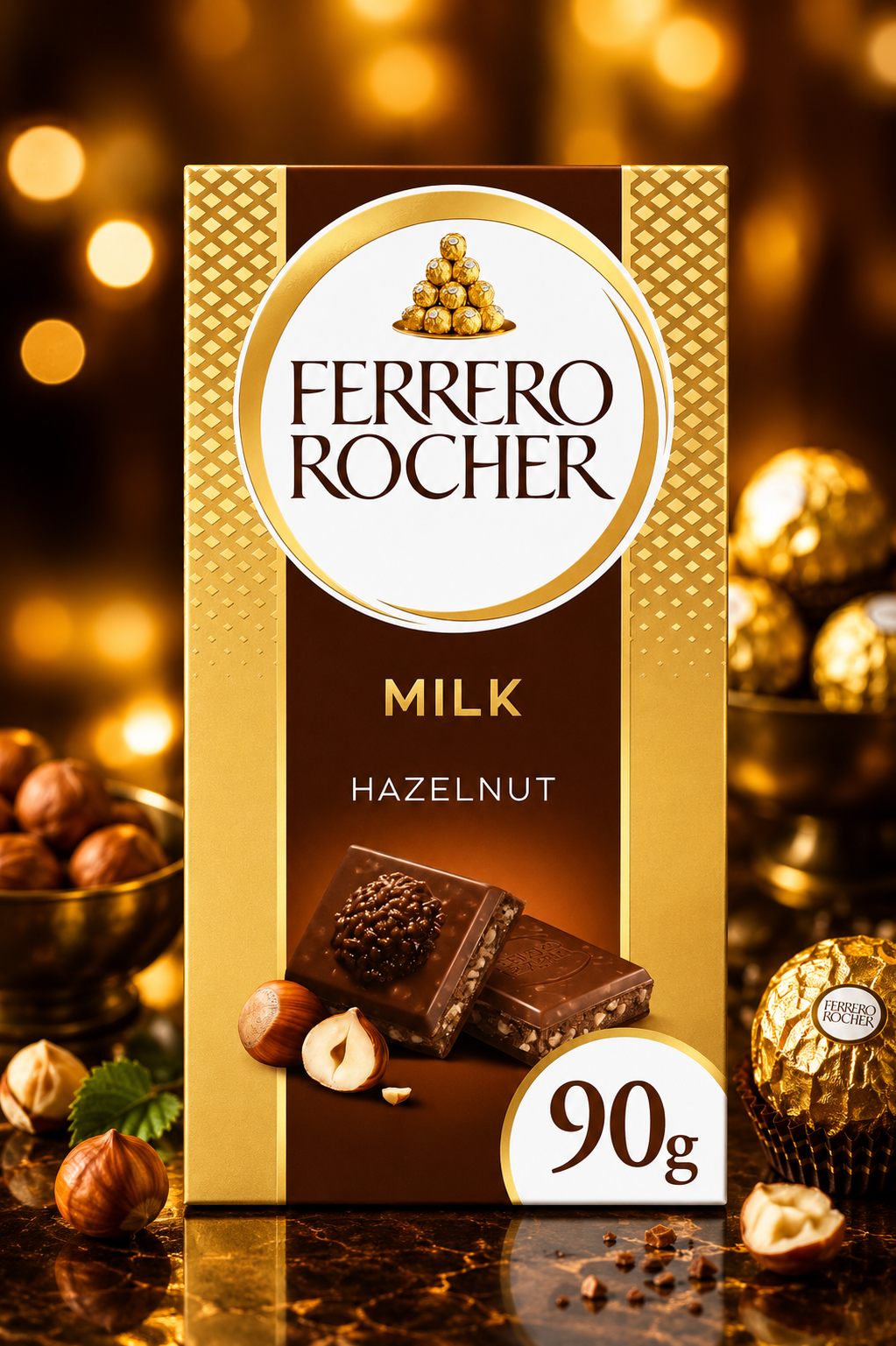 Ferrero Rocher Milk Hazelnut Chocolate Bar 90g (Pack of 02) (Italy)