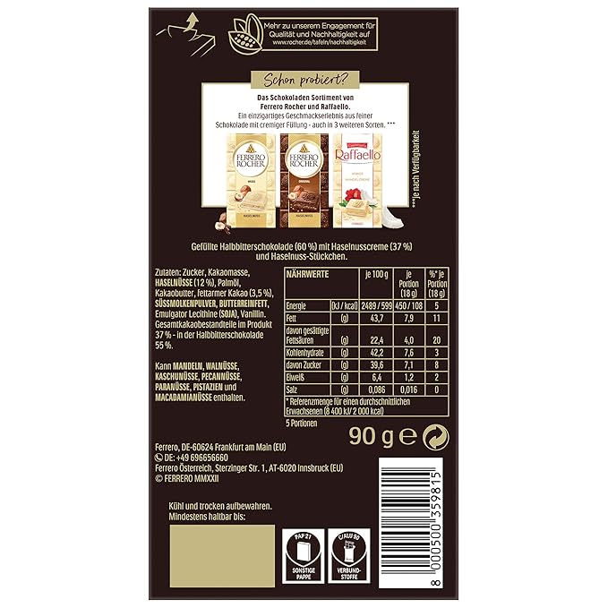 Ferrero Rocher Hazelnut 55% Dark Chocolate 90 Grams (Uk)