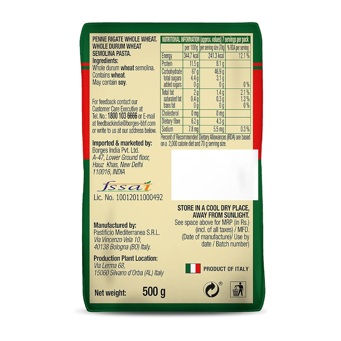 Borges Cholesterol Free Whole Wheat Penne Pasta (500g) (Pack of 03) (Italy)