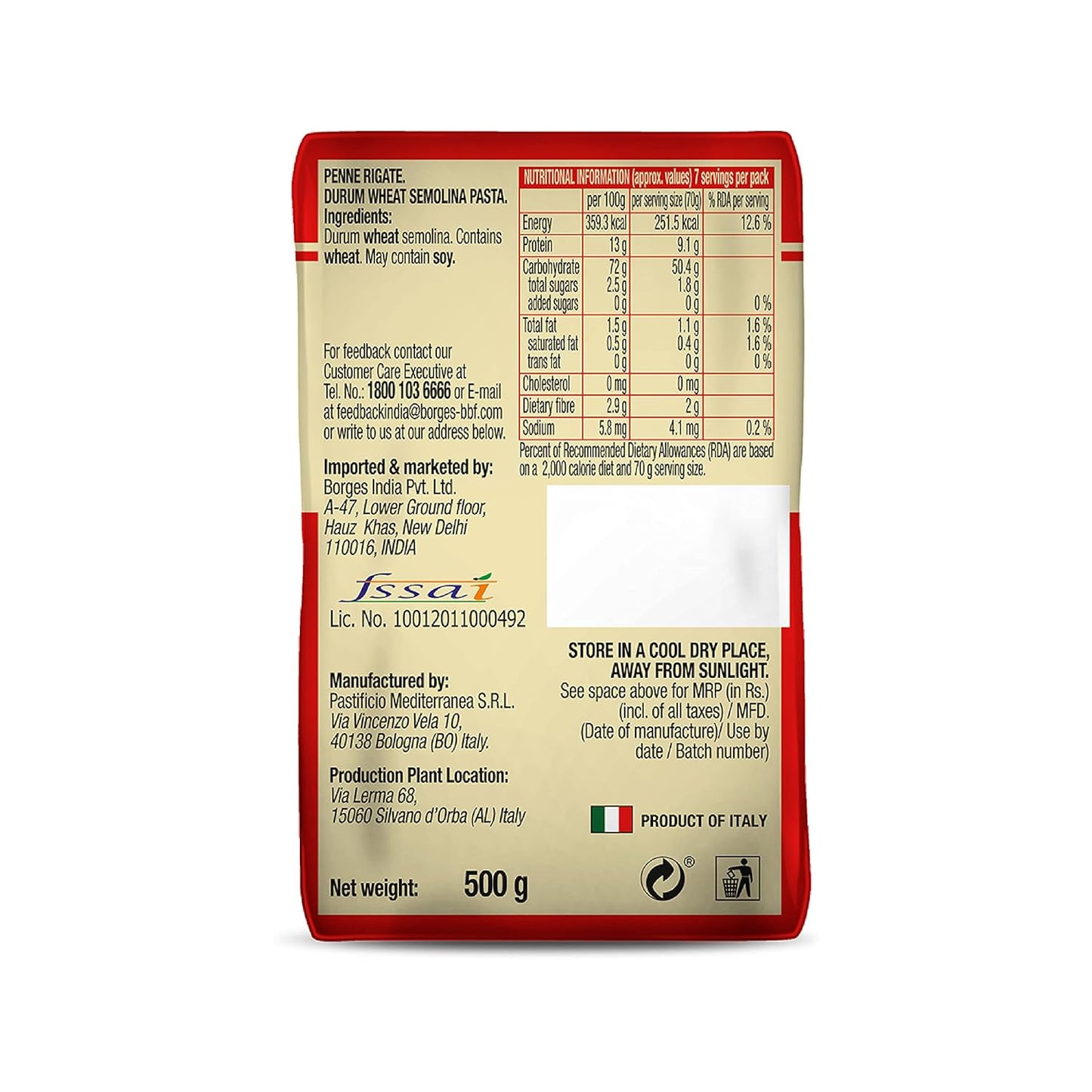 Borges Penne Pasta - 500 gm (Pack of 03) (Italy)