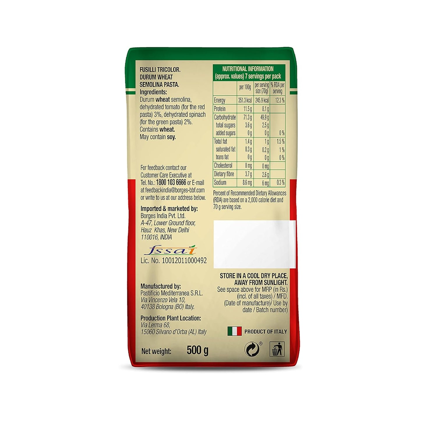 Borges Tricolour Fusilli Pasta - 500 gm (Pack of 03) (Italy)