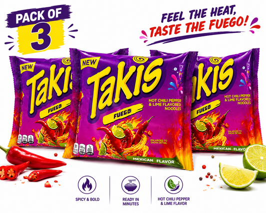 Takis Fuego® Hot Chili Pepper & Lime Flavored Noodles • Mexican Style Extreme Spicy Heat Flavor • Ready to Cook, 4.94 oz ℮ 140 g | Chili Pepper & Lime (Pack of 03) (Mexico)