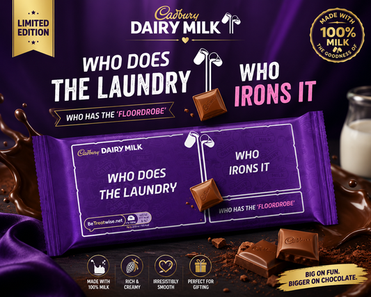Cadbury Dairy Milk Limited Edition Milk Chocolate Bar – Who Does the Laundry / Who Irons It 180gm (UK)
