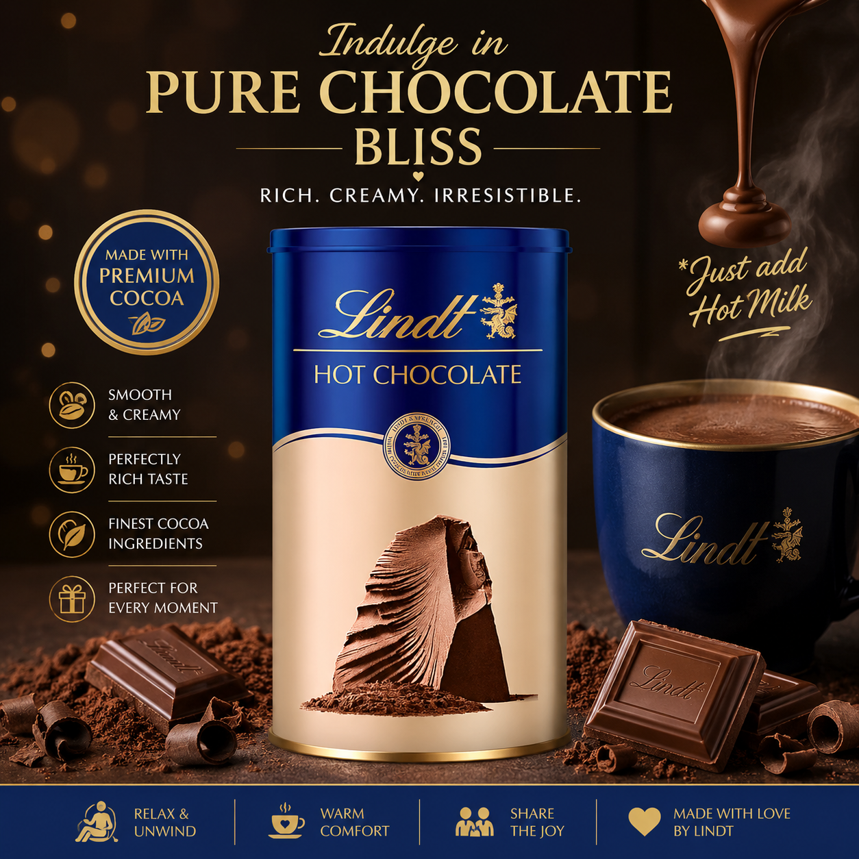 Lindt Swiss Hot Chocolate Milk Powder Mix, 300g, Rich Creamy Hot Beverage Mix in Signature Blue Tin (Product Of Switzerland)