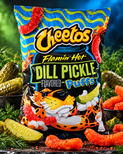 Cheetos Flamin’ Hot Dill Pickle Flavored Puffs – 226.8 g (8 oz) | USA