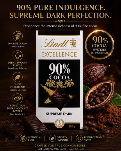 Lindt Excellence 90% Cocoa Dark Supreme Noir Chocolate Bar, 100 g (Pack of 02)