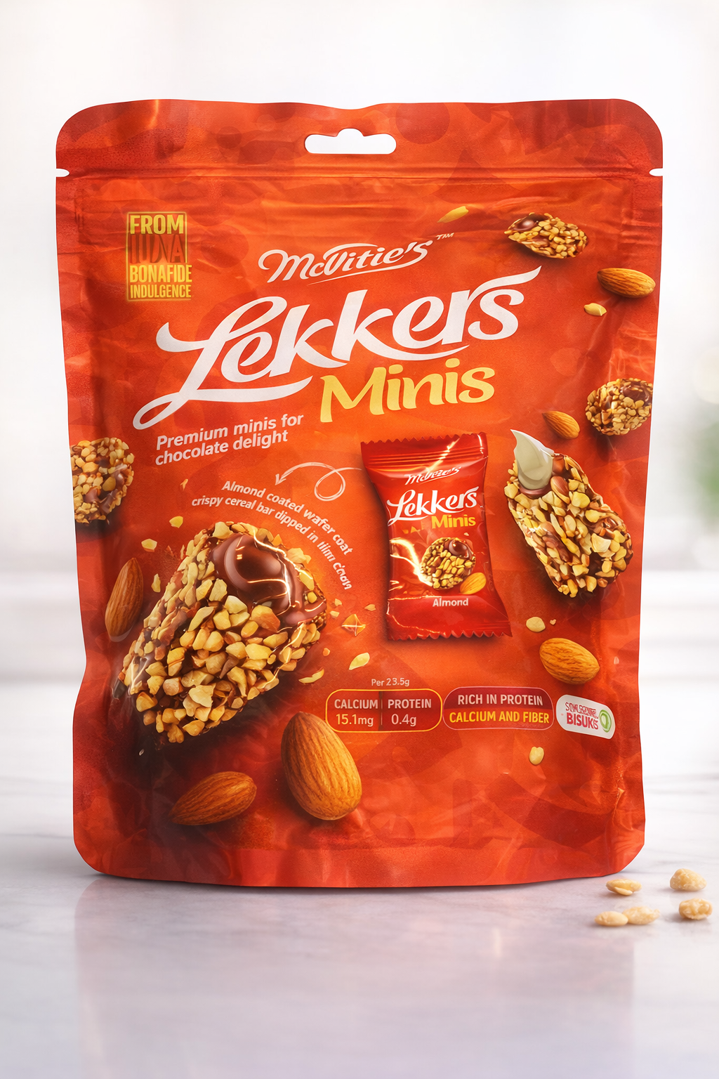 MellsBurry Lekkers Minis Almond Coated Chocolate Wafer Bites, Crunchy Nut Snack with Rich Chocolate Filling & Crispy Layers, 150g