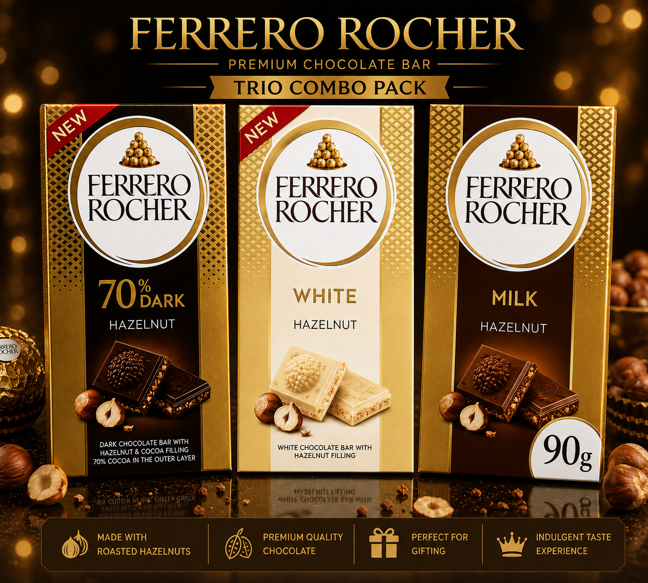 Ferrero Rocher Chocolate Bar Trio Pack | Imported Dark, Milk & White Hazelnut (Italy)