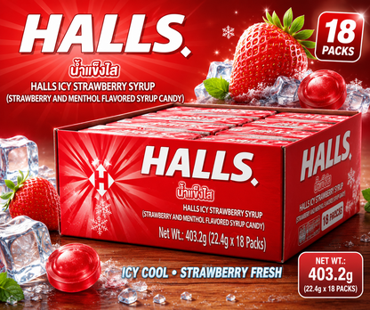 HALLS Strawberry Flavoured Center, Filled Candy (pack of 18) (Thailand)