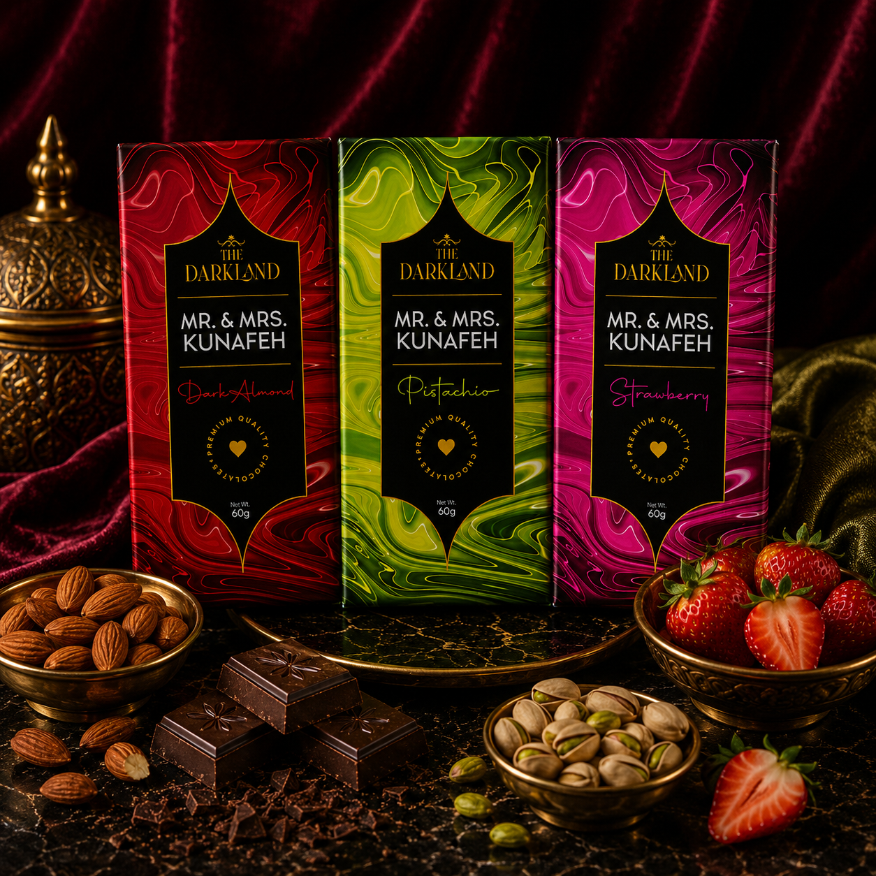 Combo Dhamaka - MR. & MRS. Kunafa | Pistachio, Strawberry & Dark Almond Flavour | Aphrodisiac Chocolate Bar