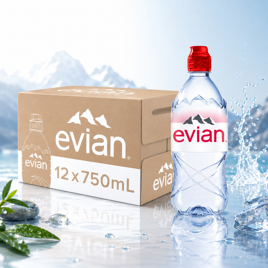 Evian Mineral water, Naturally Filtered Drinking water, 750ml Bottled Water Crafted by Nature, Case of 12 x 750ml Sports Cap Water Bottles